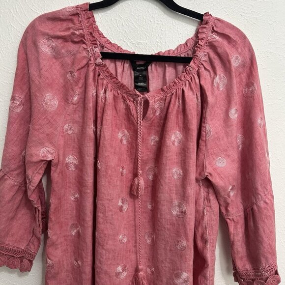 Ali Miles Pink Embroidered Linen Tunic Top Blouse 3/4 Flared Sleeves Size XL - Picture 2 of 10